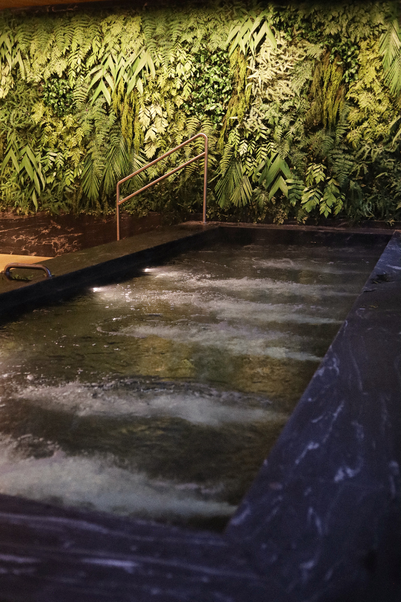 Jacuzzi do Kairós Spa com parede verde e iluminação aconchegante